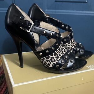 Michael Kors Black Leather & Leopard Print Studded Heels - STUNNING!